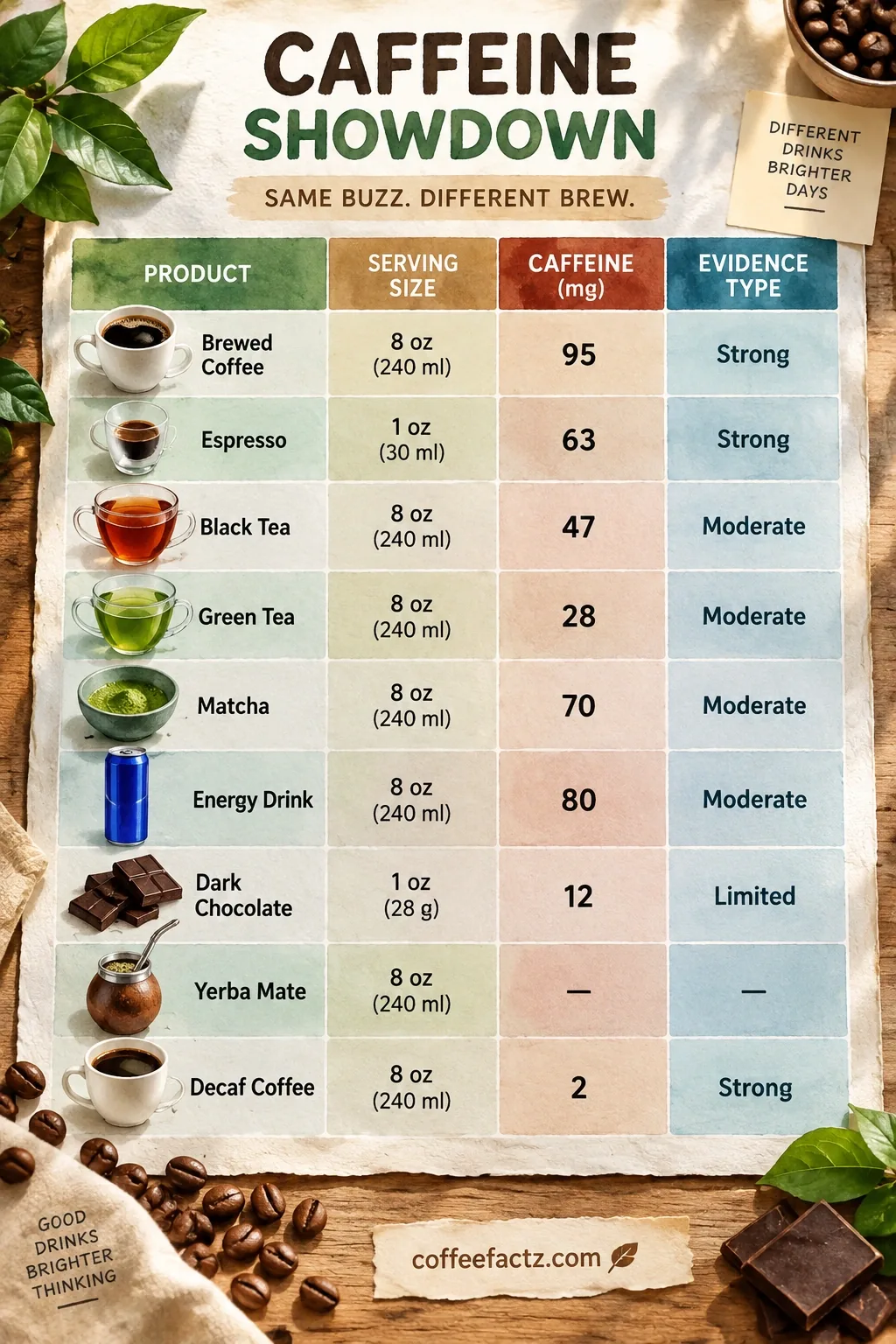 Infographic table comparing standard products by serving size, caffeine mg, evidence type, and marked data gaps.