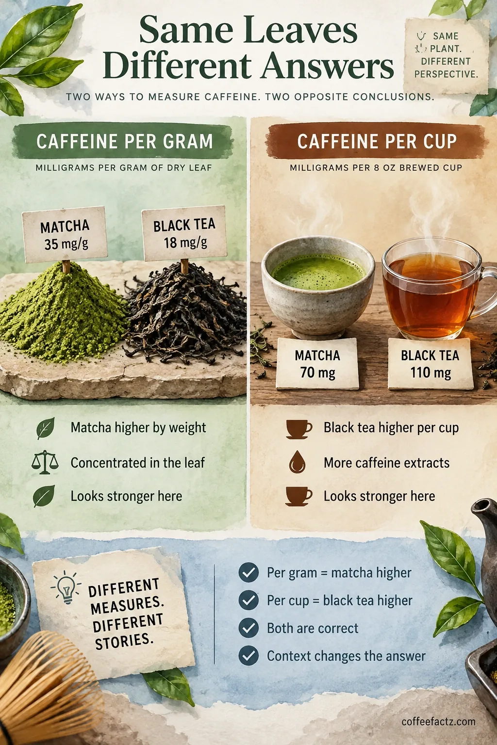 Infographic: caffeine in tea and coffee as mg per gram dry leaf vs mg per 8 oz brewed cup, showing opposite conclusions.