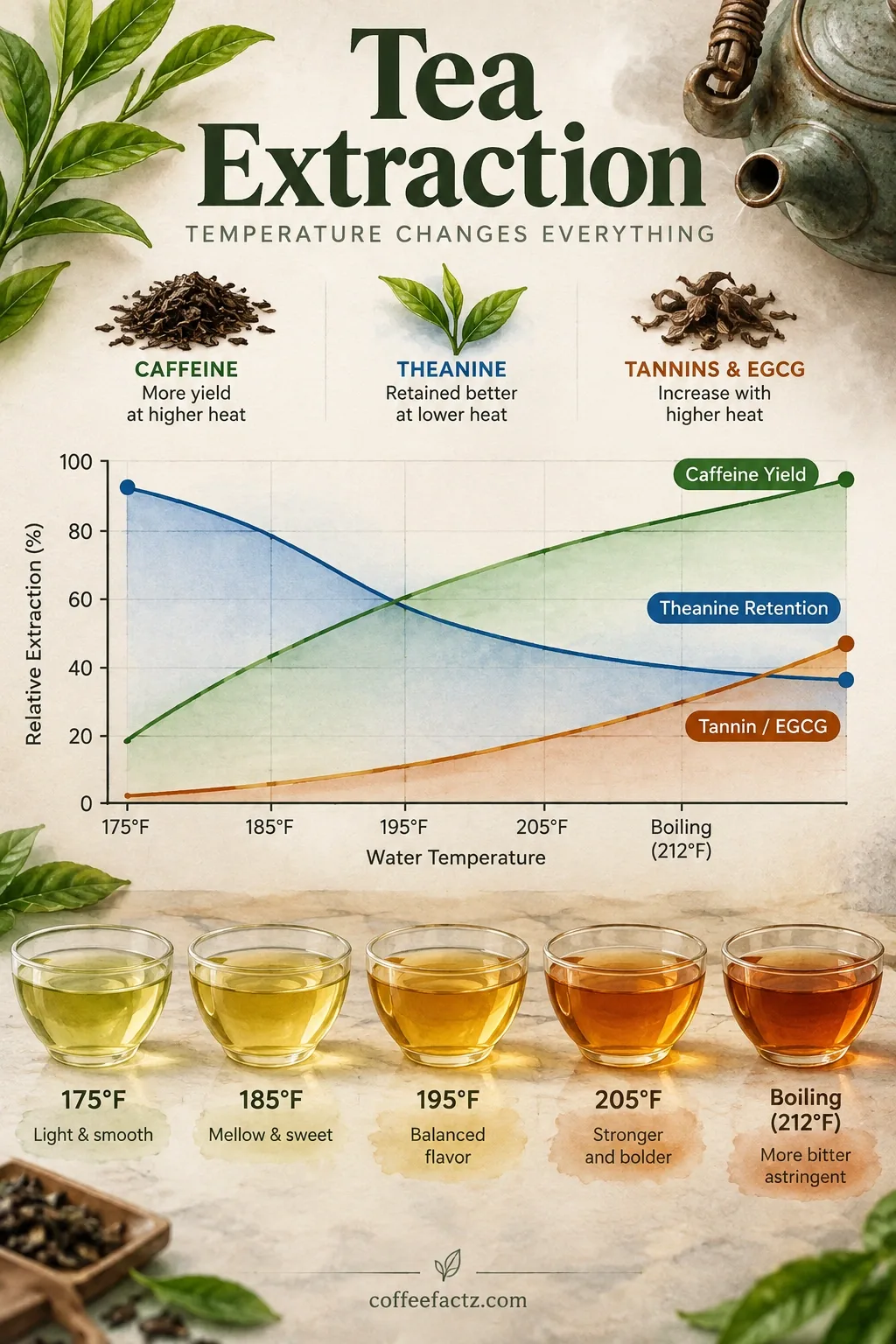 Curve infographic: caffeine yield rises from 175°F to boiling while theanine falls and tannin/EGCG bitterness increases.