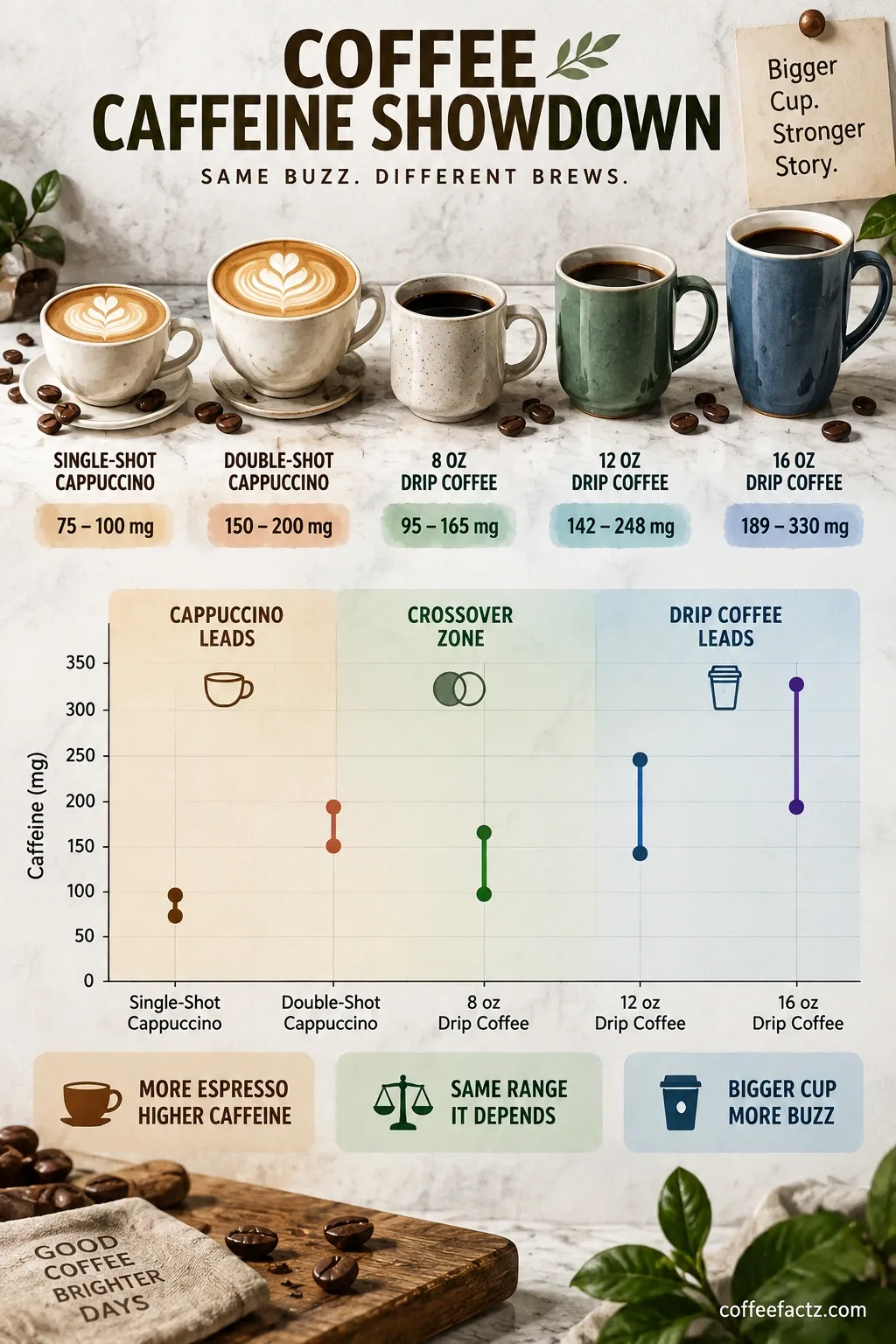 Comparison matrix of single and double cappuccino vs 8, 12, and 16 oz drip coffee caffeine ranges and crossover zones.