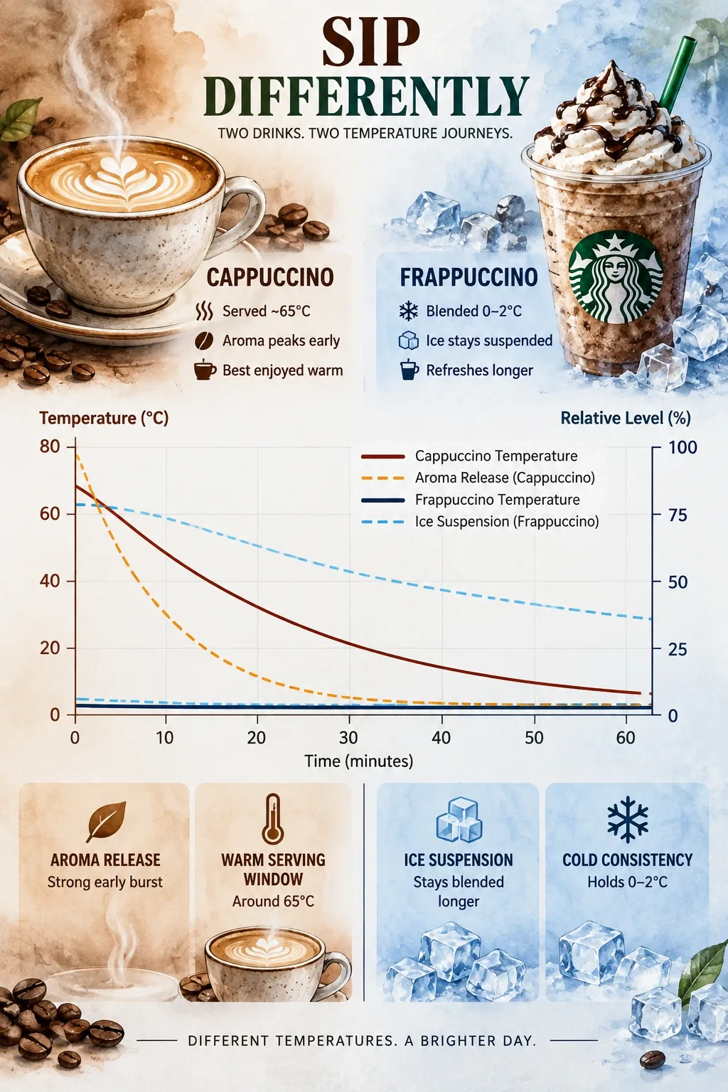 Cappuccino vs Frappuccino: 7 Real Differences Most People Get Wrong 6 Dual-axis chart: cappuccino ~65°C vs Frappuccino 0–2°C, tracking aroma release and ice suspension over time.
