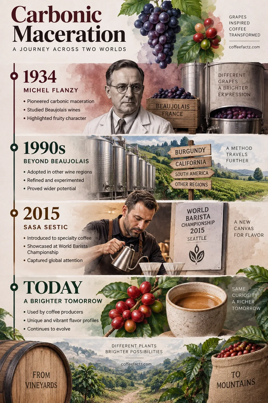Timeline infographic tracing carbonic maceration from Flanzy's 1934 Beaujolais wine work to Sestic's 2015 coffee adaptation.