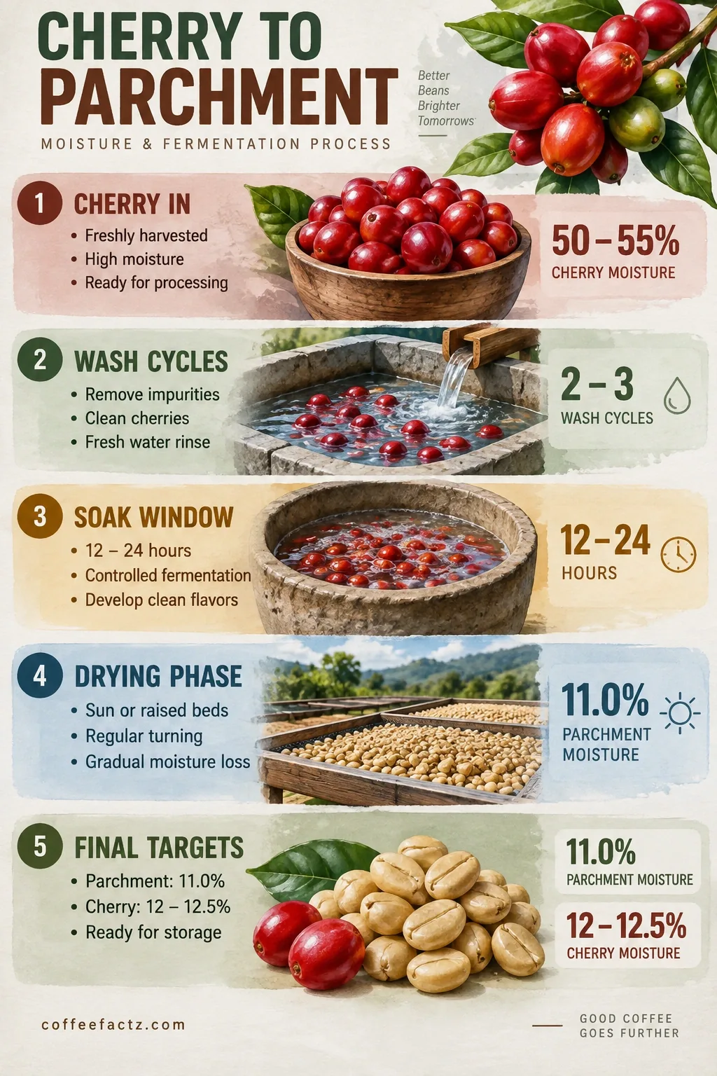 Coffee Cultivation: The Complete Farm Lifecycle From Soil to Cherry 12 Cherry-to-parchment moisture chart: wash cycles, soak windows, and drying targets from 50–55% to 11.0% moisture.