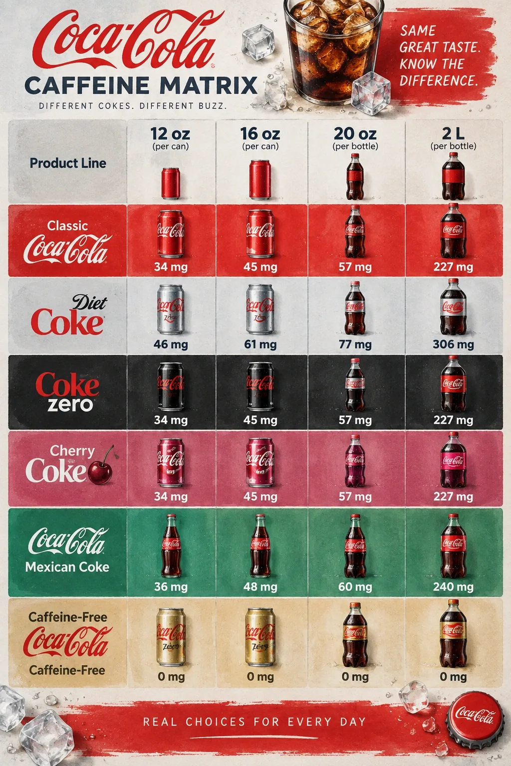 Caffeine matrix of Classic, Diet, Zero, Cherry, Mexican and Caffeine-Free Coke by 12 oz, 16 oz, 20 oz and 2 L sizes.