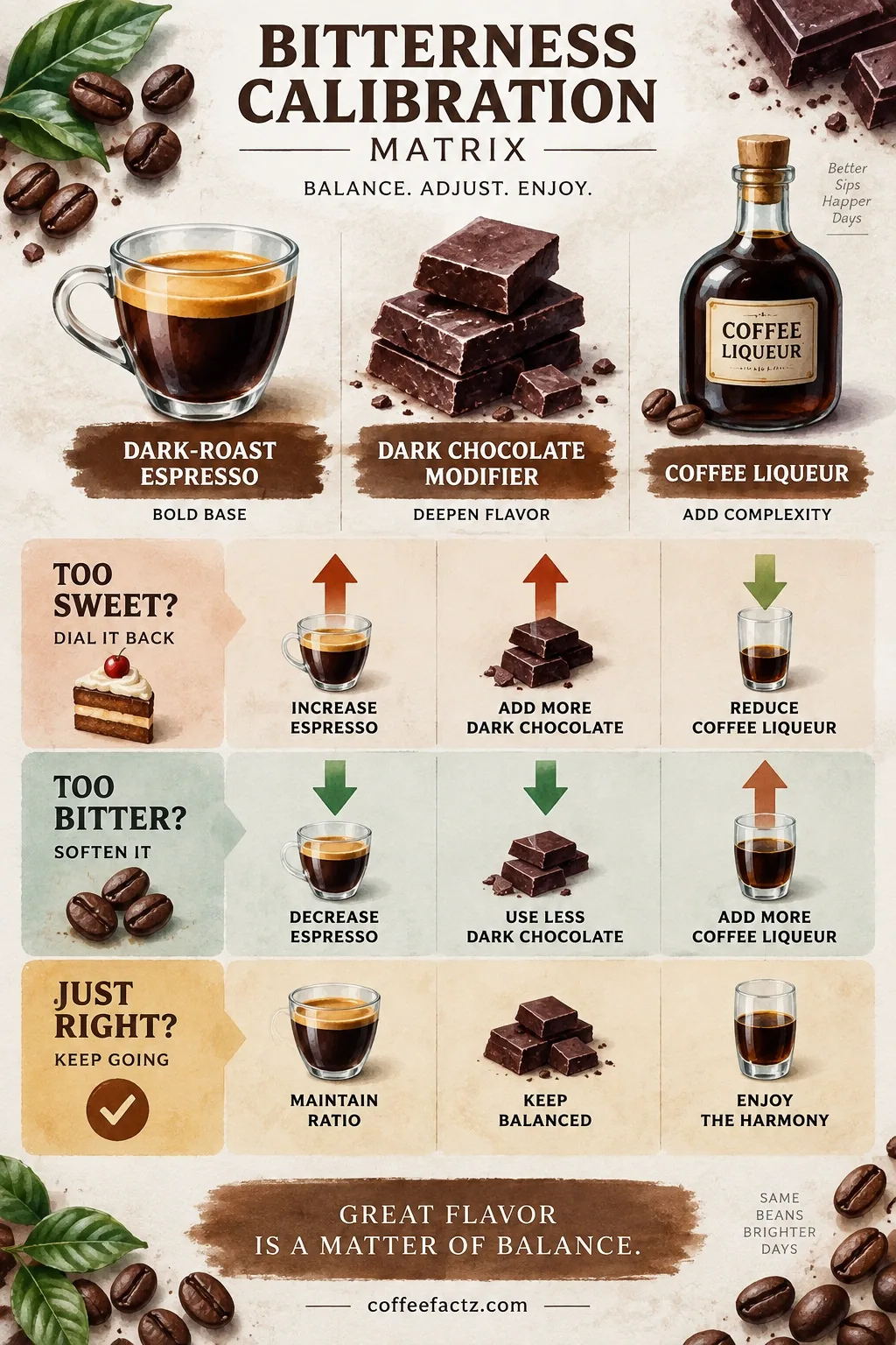 Infographic matrix: espresso, dark chocolate, and coffee liqueur adjustments for too-sweet or too-bitter cocoa drinks.