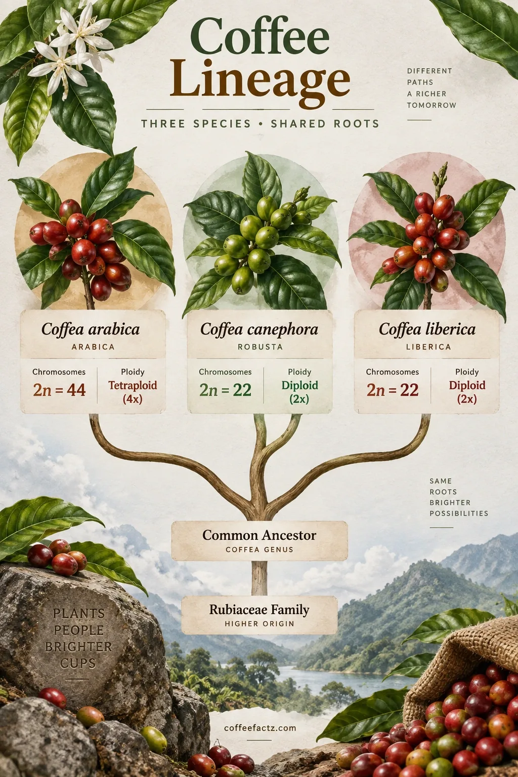 Phylogenetic tree of Coffea arabica, canephora, and liberica with chromosome counts and ploidy levels.