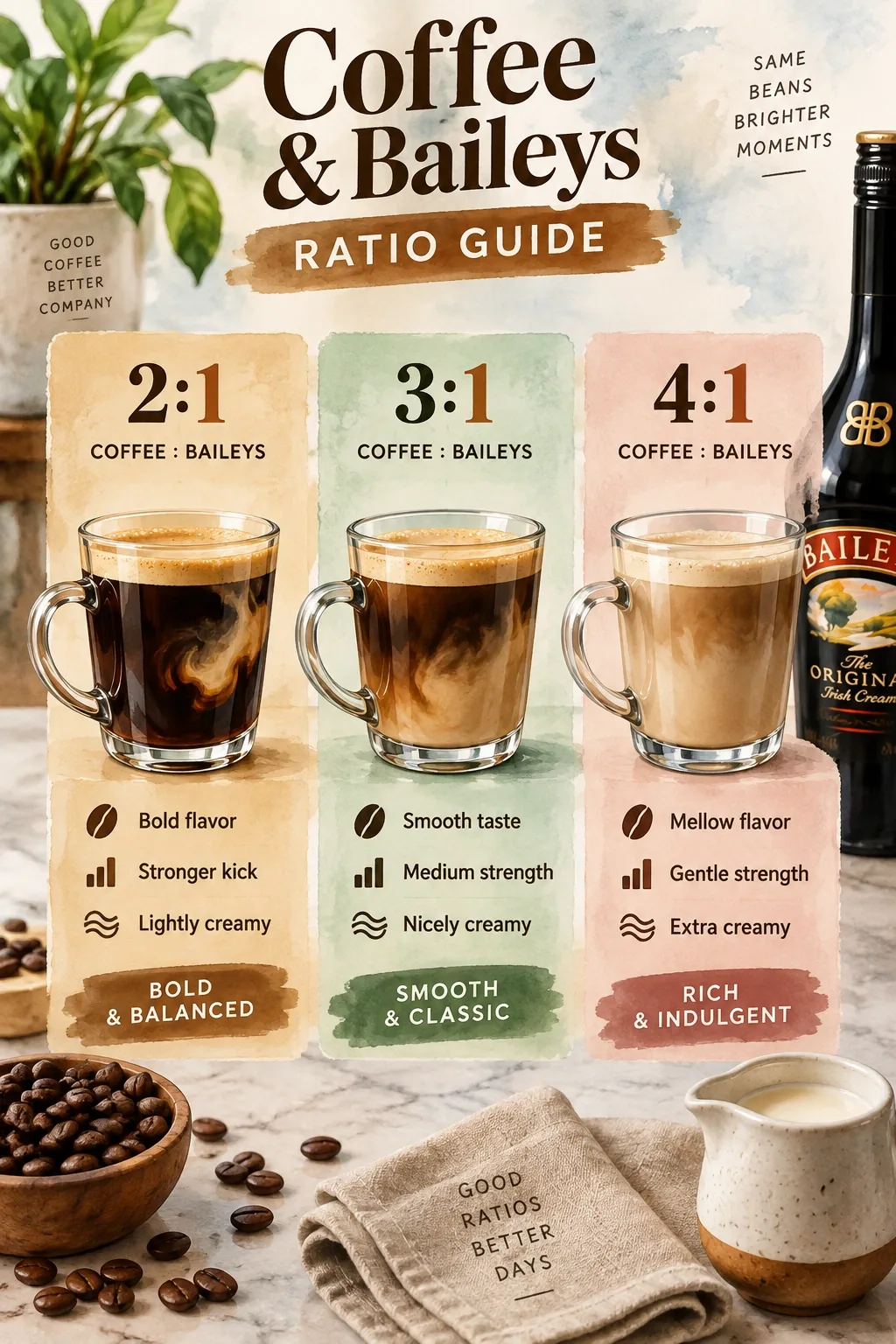 Infographic comparing 2:1, 3:1, and 4:1 coffee-to-Baileys ratios with flavor, strength, and creaminess notes.