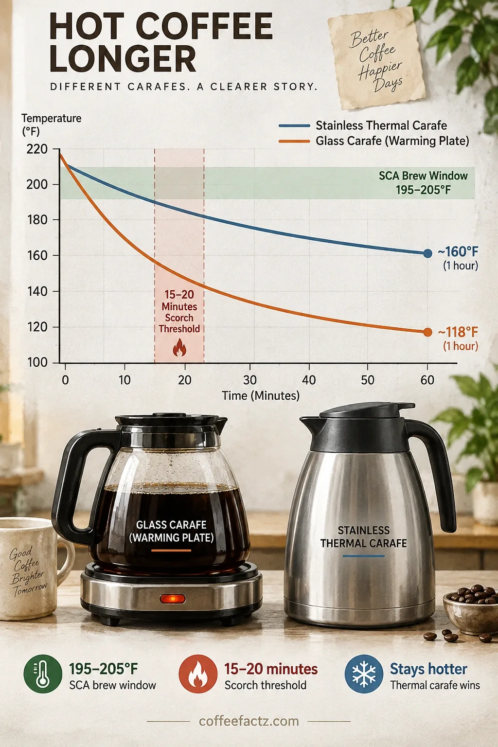 The Best 4-Cup Coffee Pots, Tested Against the Physics of Small-Batch Brewing 13 Decay chart: glass carafe on warming plate vs stainless carafe, with 15-20 min scorch threshold and SCA 195-205°F brew window