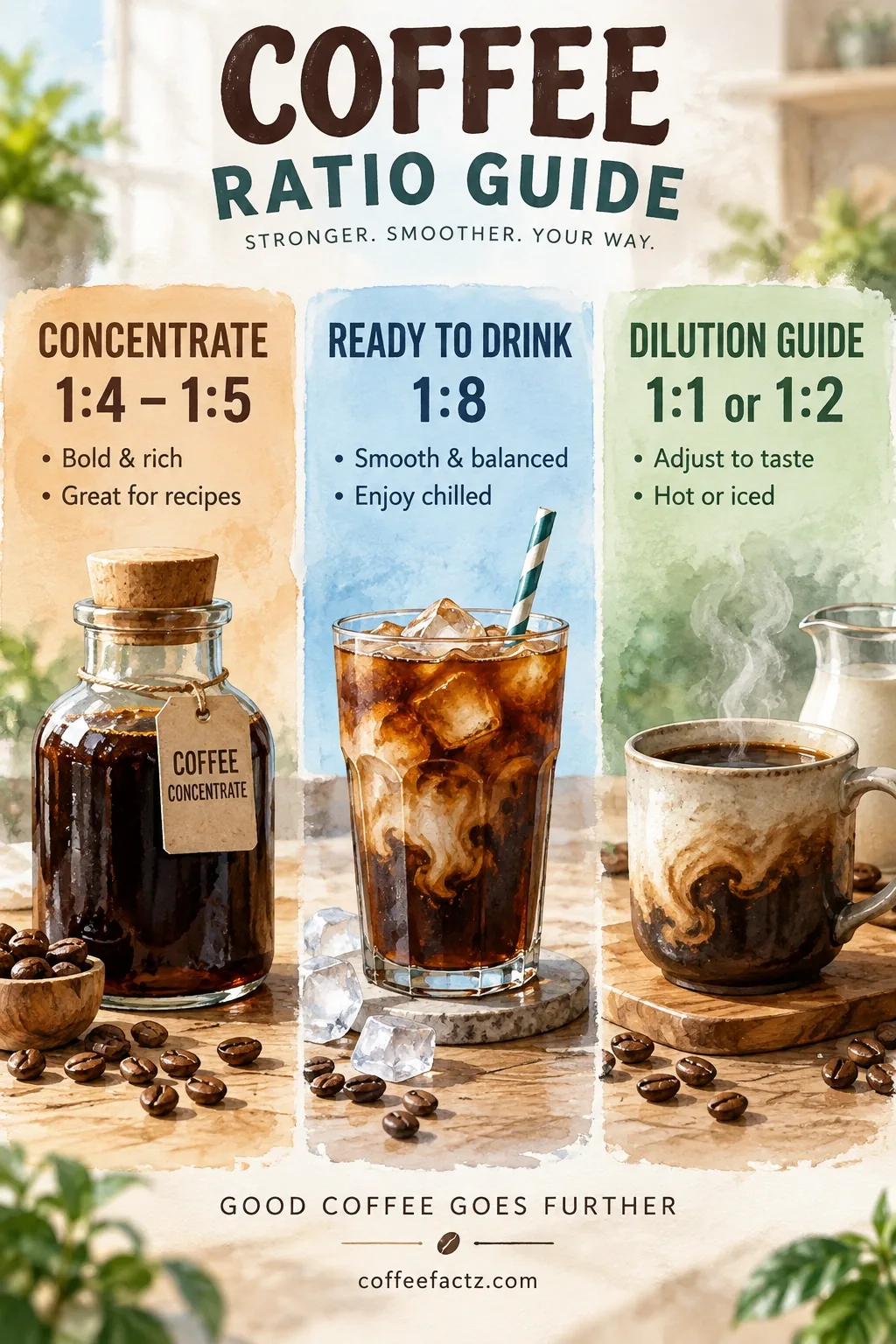 Infographic comparing coffee concentrate ratios 1:4–1:5, ready-to-drink near 1:8, and 1:1 or 1:2 dilution guidance.