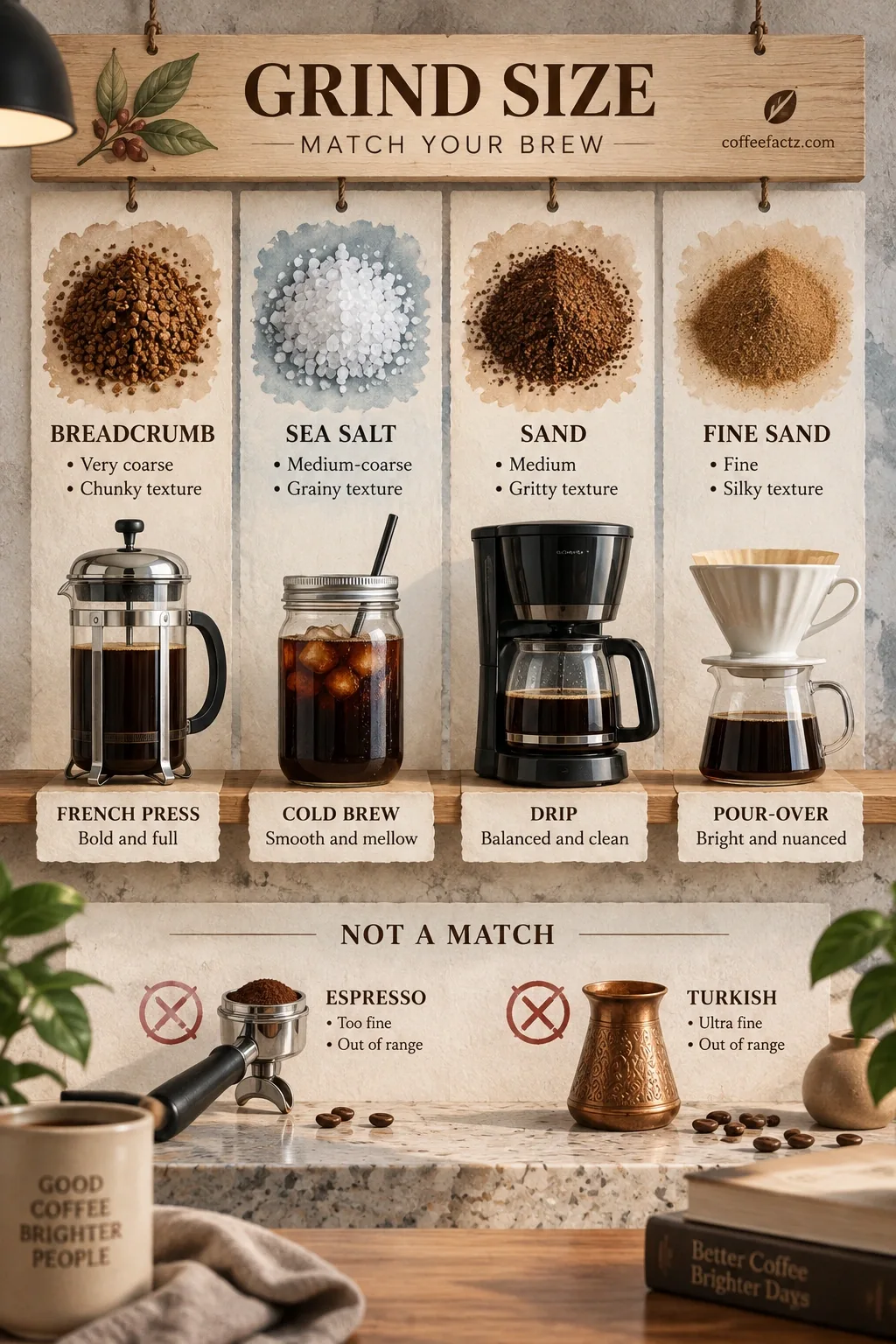 Brew grind chart mapping breadcrumb, salt, sand to French press, cold brew, drip, pour-over; espresso/Turkish off-table.