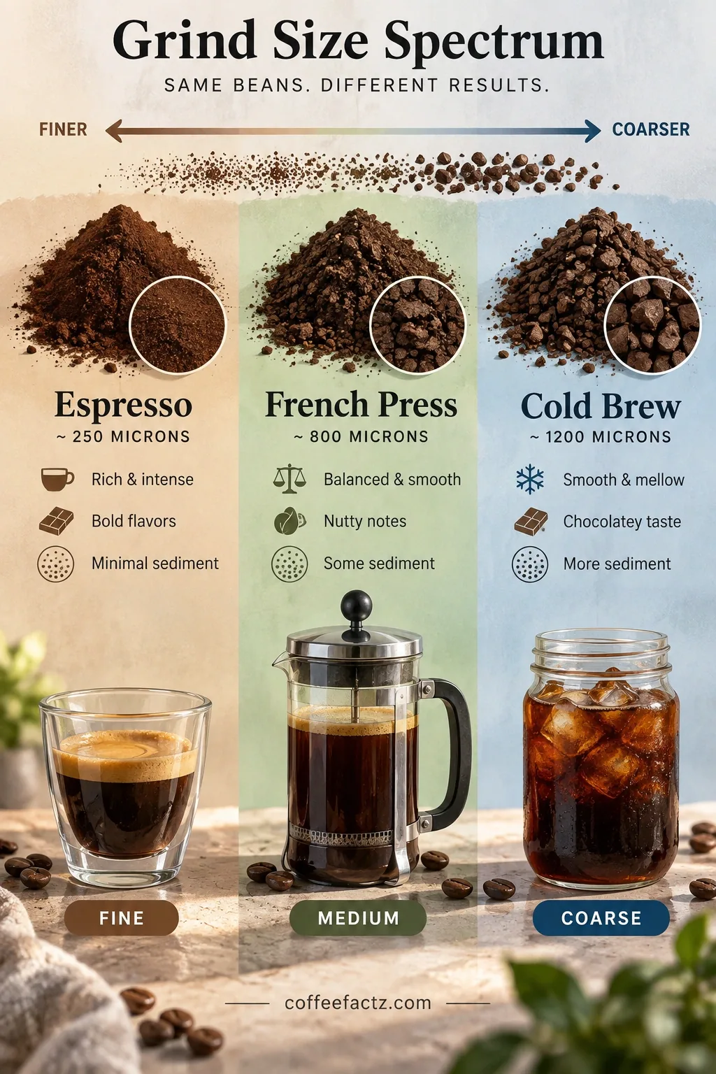 Infographic comparing espresso, French press, and coarse 1200-micron cold brew grind sizes with sediment and flavor outcomes.