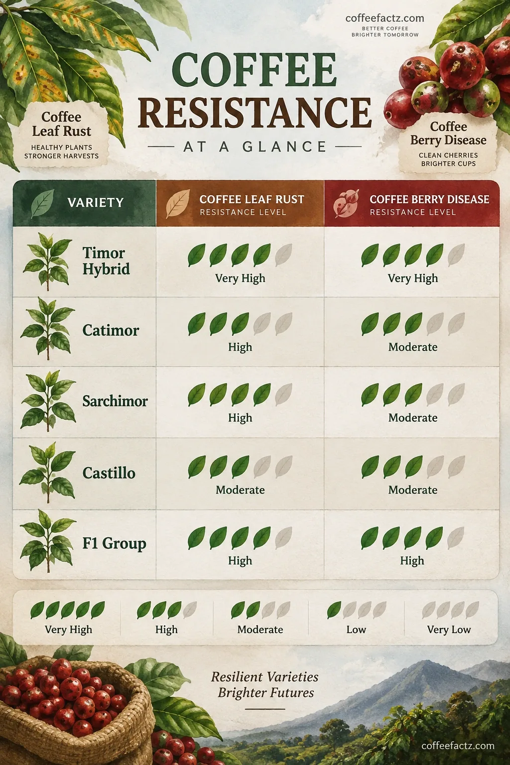 Matrix comparing Coffee Leaf Rust and Berry Disease resistance in Timor Hybrid, Catimor, Sarchimor, Castillo, F1 groups.