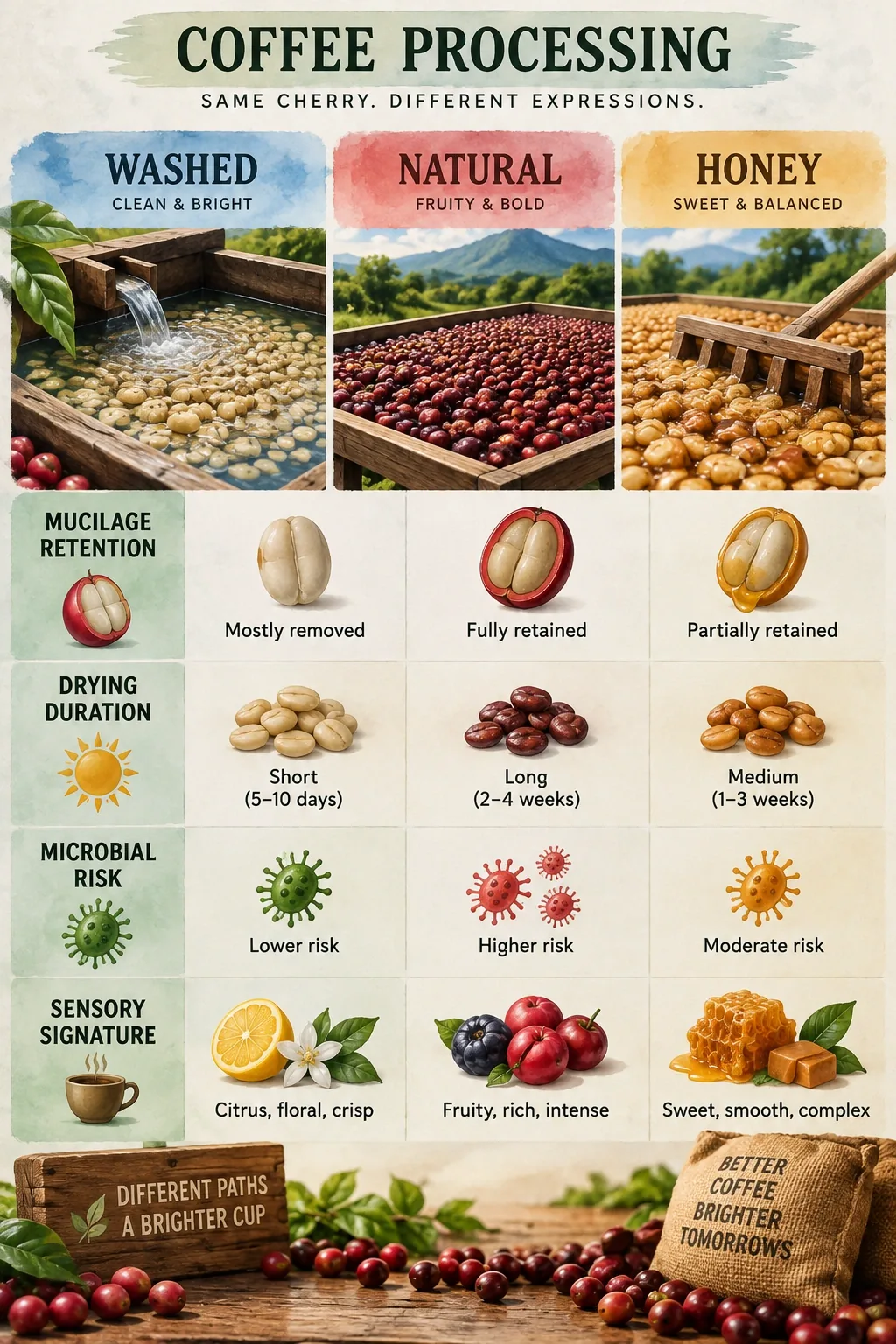 Infographic table comparing washed, natural, and honey coffee processing by mucilage retention, drying time, microbial risk, and sensory profile.