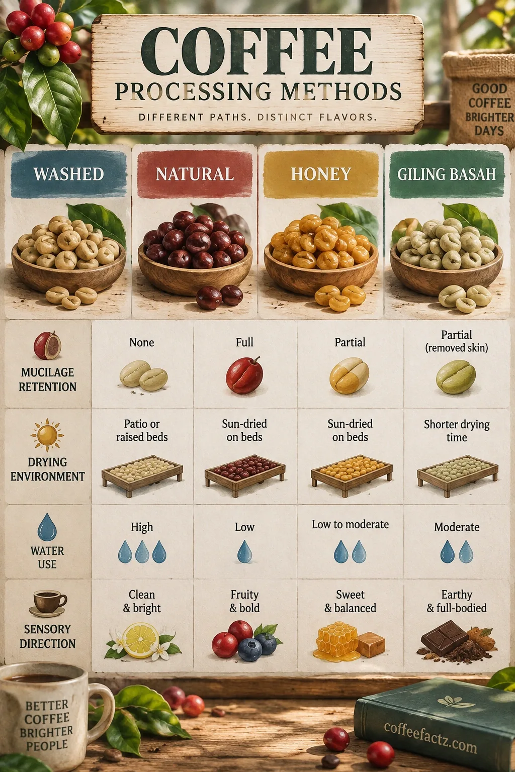 Coffee Origin Exploration: How Altitude, Genetics, and History Shape Every Cup You Drink 10 Comparing washed, natural, honey, and giling basah coffee by mucilage, drying, water use, and sensory direction.