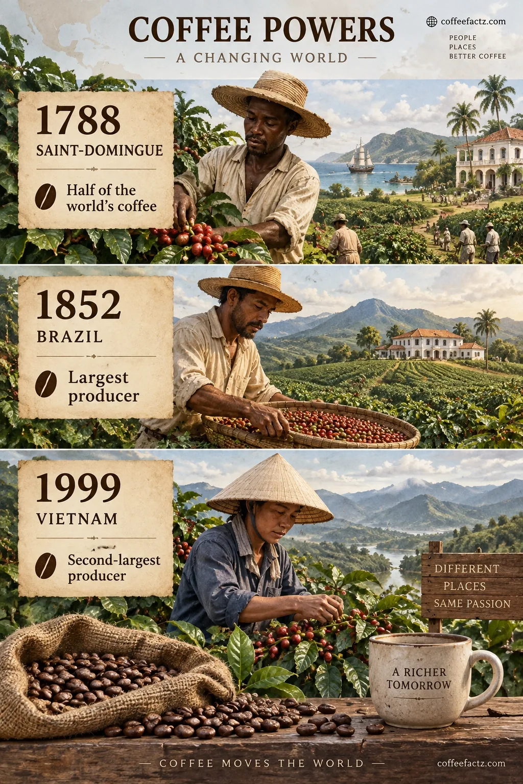 Infographic timeline: Saint-Domingue 1788 half world coffee, Brazil 1852 largest producer, Vietnam 1999 second-largest.