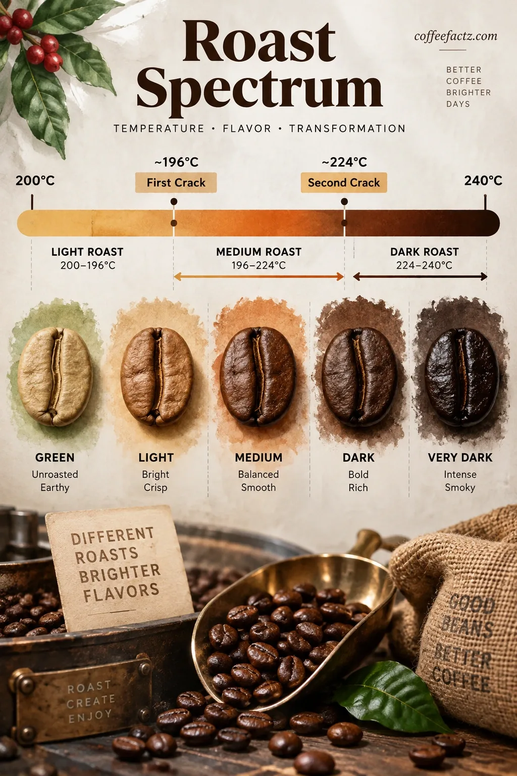 Coffee roast timeline infographic mapping first and second crack temperatures, with medium and dark roast placements.