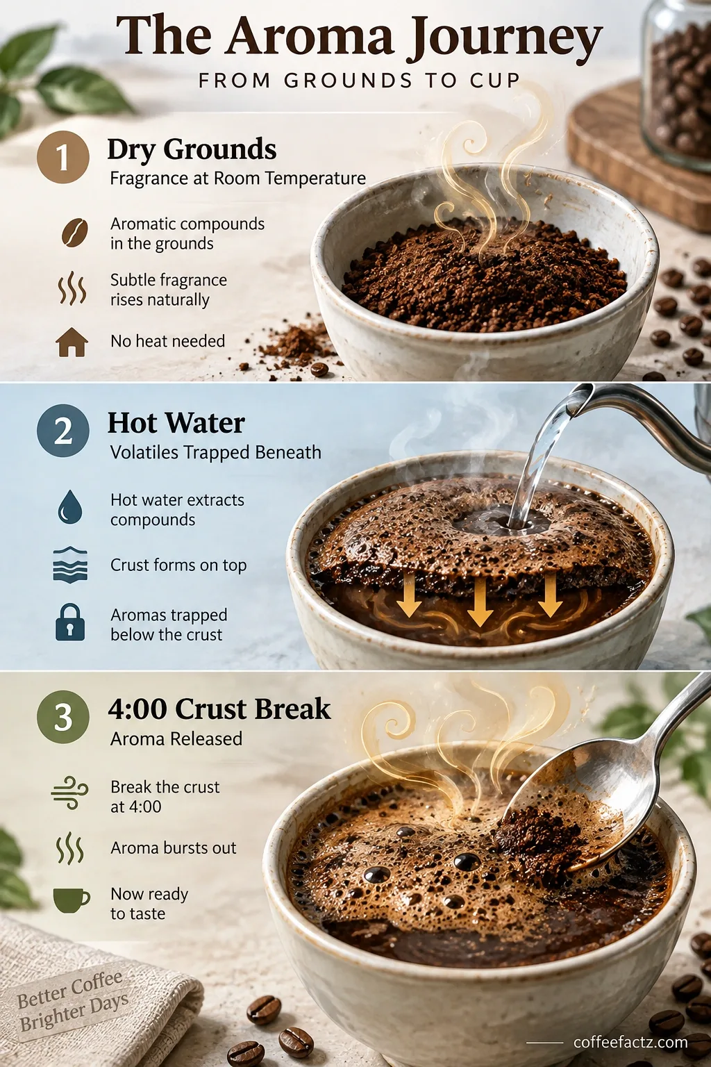 Infographic of coffee volatile release: dry grounds aroma, hot water trapping crust, and 4:00 crust break before tasting.