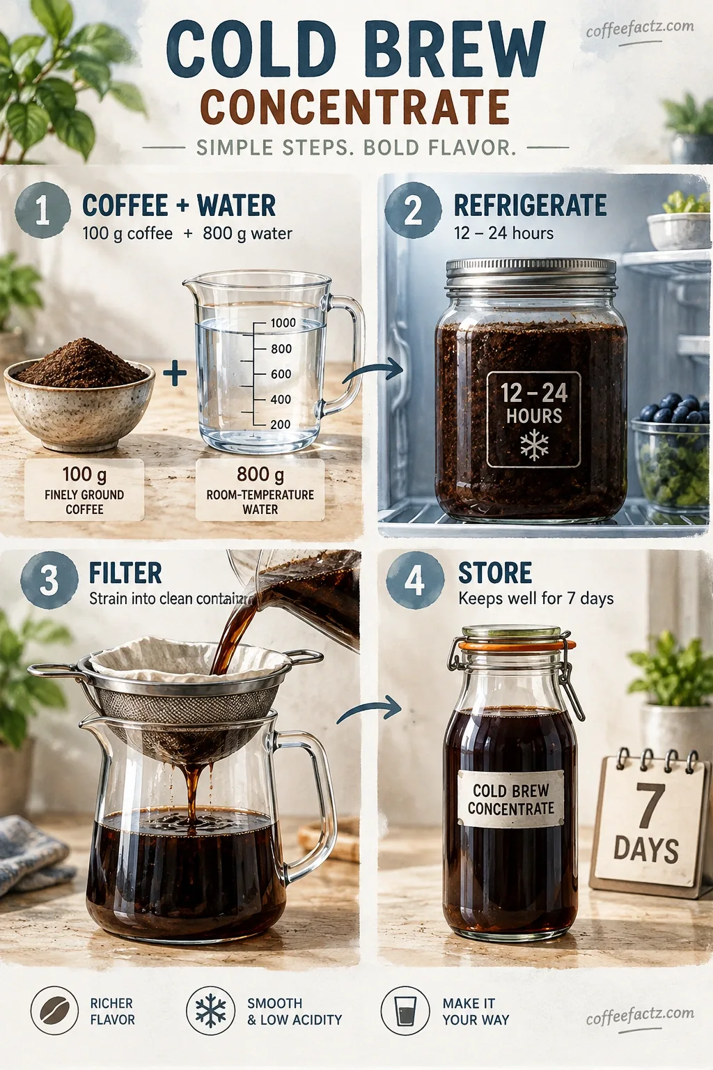Cold brew concentrate flow: 100 g coffee plus 800 g water, 12-24 hr refrigeration, filtration, 7-day storage.