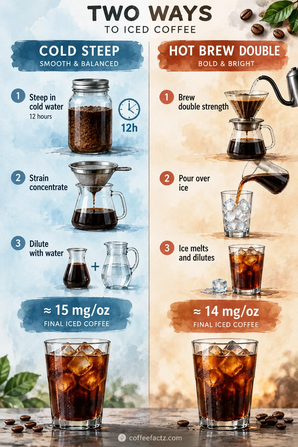 Dunkin Caffeine Content: The Complete Menu Chart for Every Drink and Size 10 Side-by-side: 12-hour cold steeping and dilution vs double-strength hot brewing and ice melt, mg caffeine per fluid ounce.