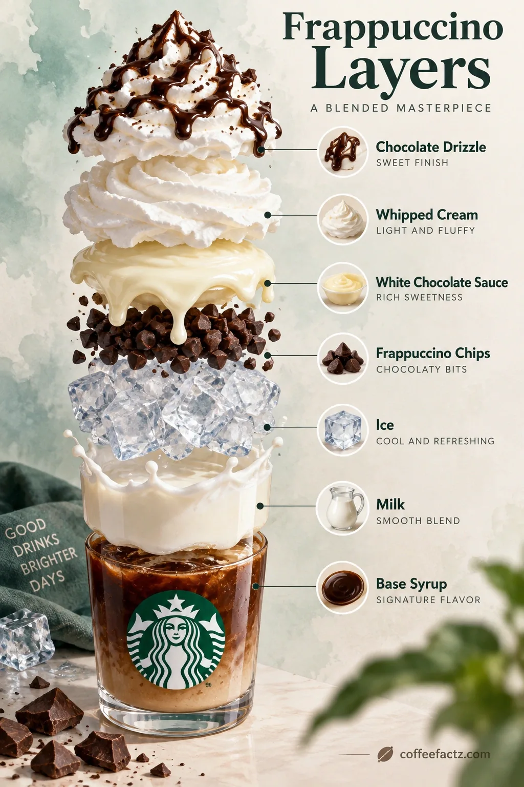 Infographic Frappuccino formula layers: base syrup, milk, ice, chips, white chocolate sauce, whipped cream, chocolate drizzle.