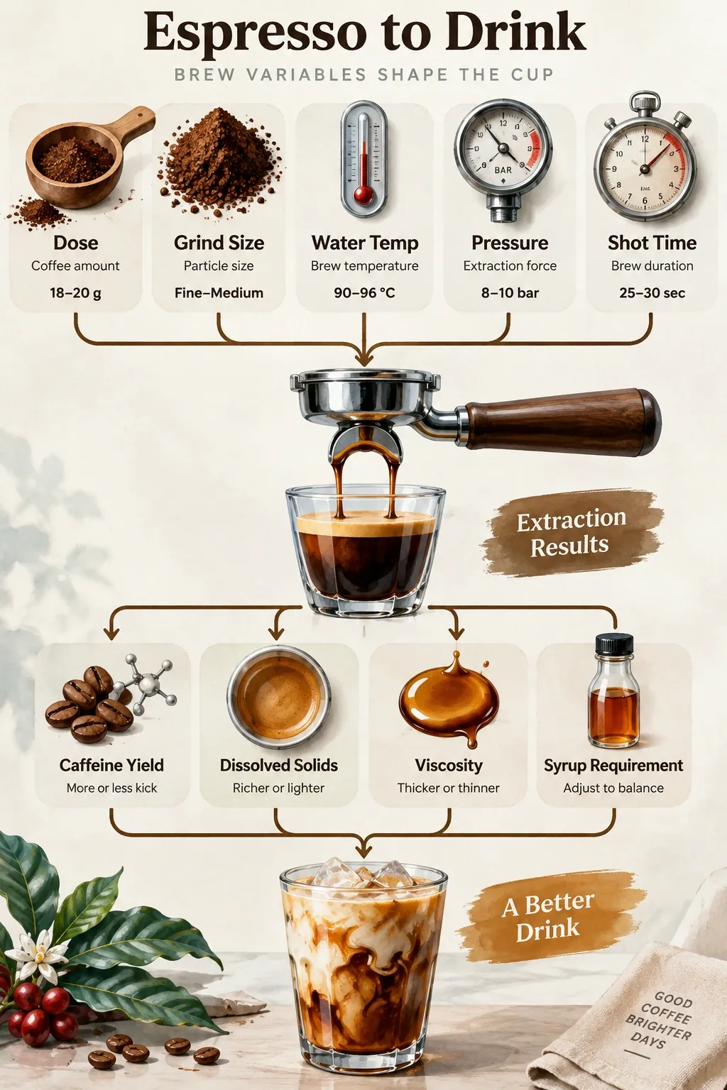 Espresso process flow linking dose, grind, water temp, pressure, time to caffeine yield, TDS, and viscosity.