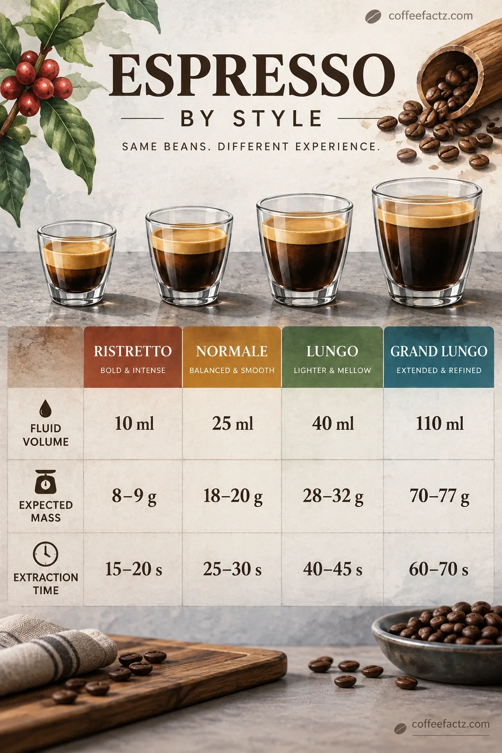 Watercolor infographic chart comparing ristretto, normale, lungo, and grand lungo by volume, mass, and extraction time.