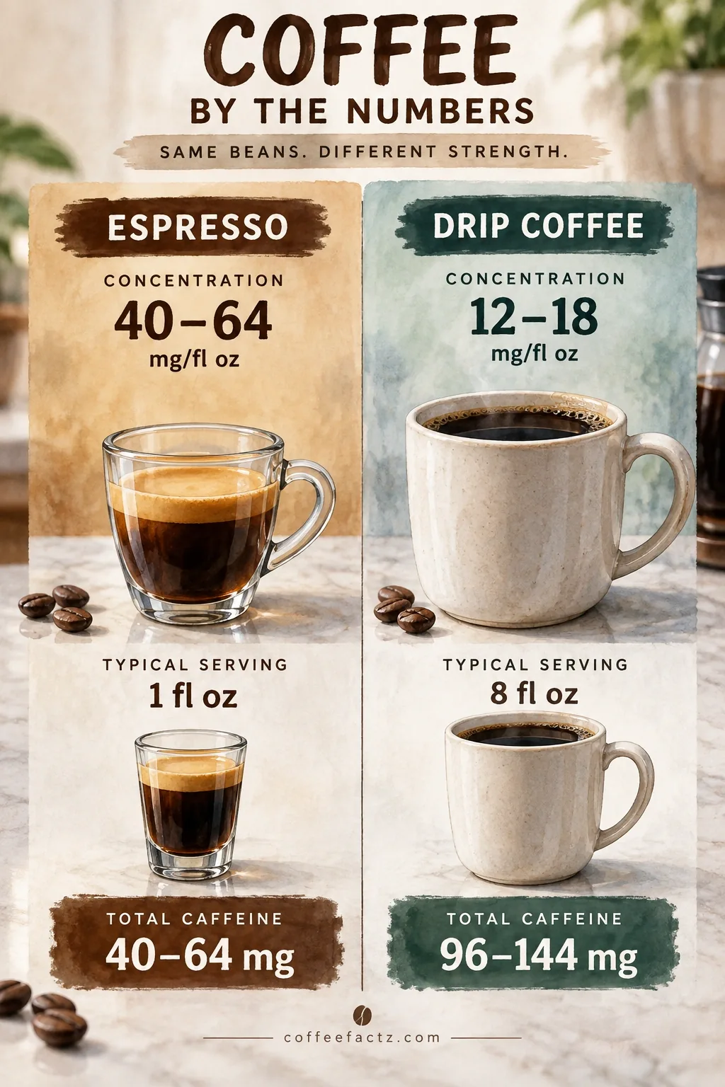 Infographic comparing espresso 40-64 mg/fl oz and drip 12-18 mg/fl oz caffeine density scaled to serving volume.