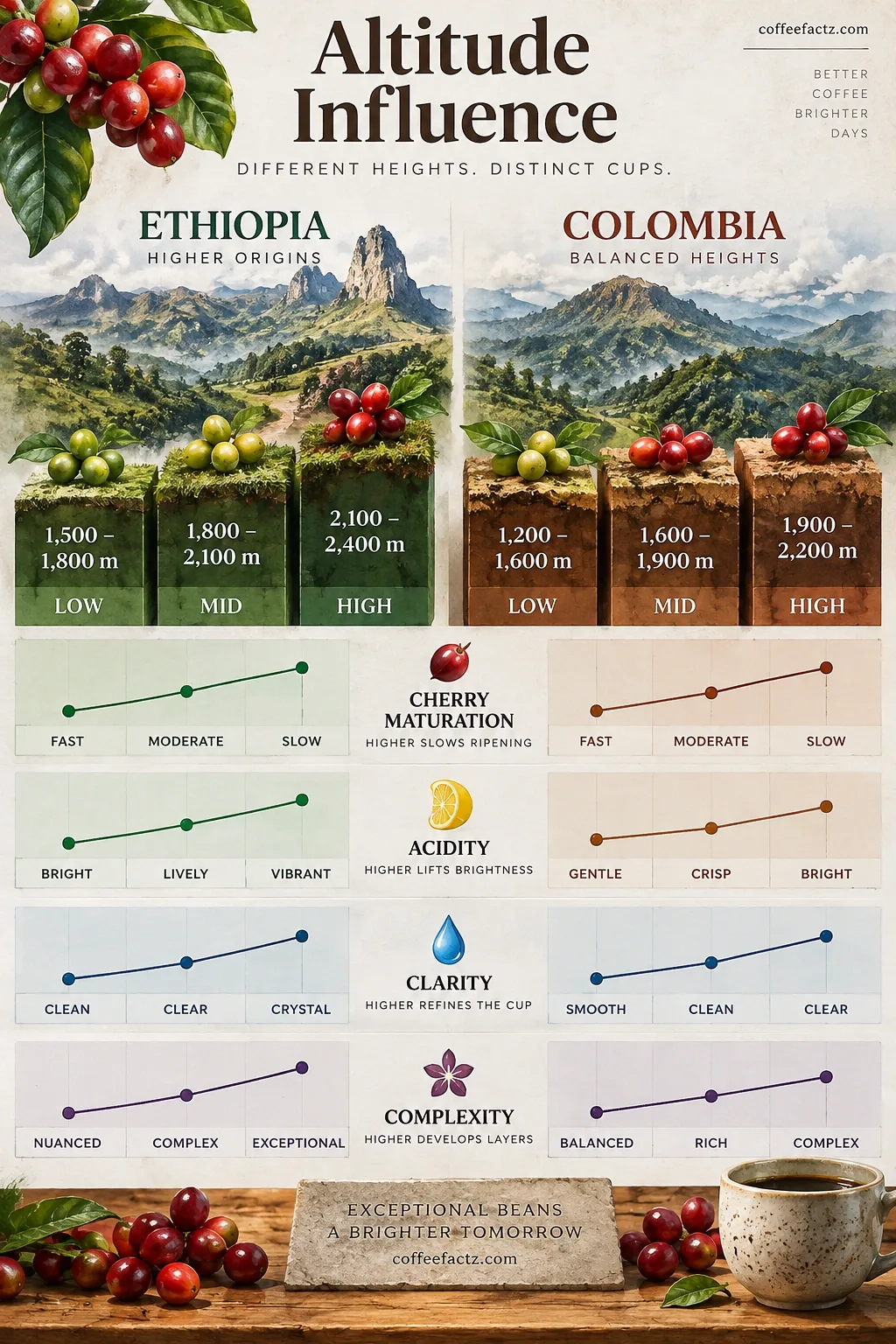 Coffee Origin Exploration: How Altitude, Genetics, and History Shape Every Cup You Drink 9 Infographic comparing Ethiopian vs Colombian altitude brackets with cherry maturation speed, acidity, clarity, complexity.