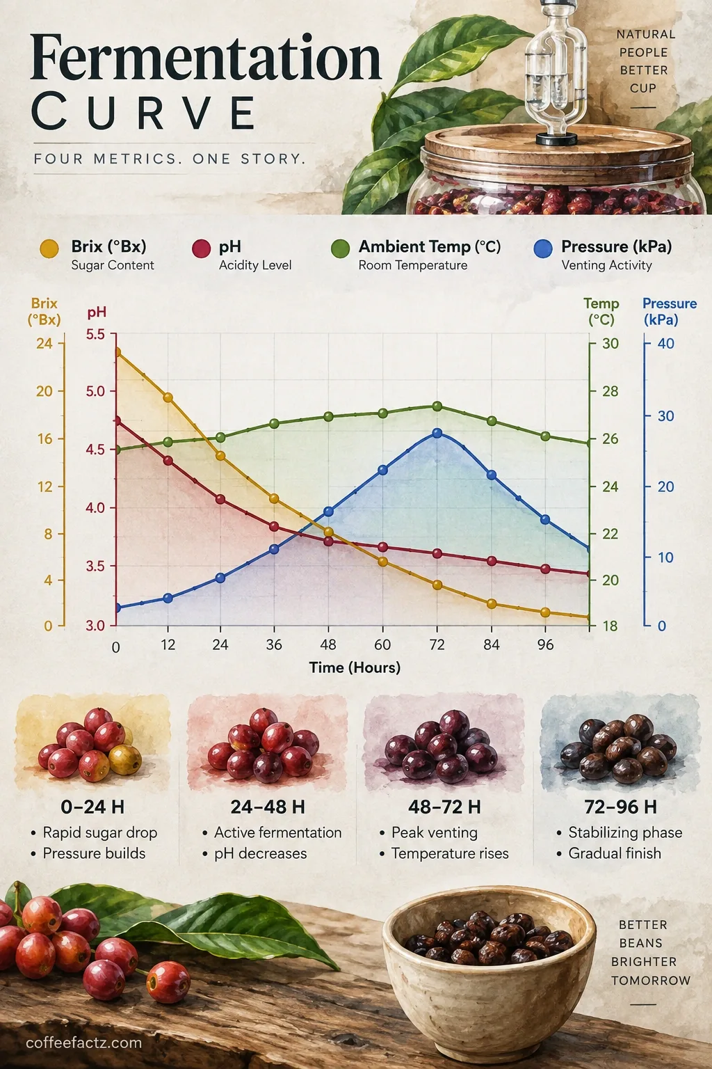 Multi-axis fermentation chart showing Brix drop, pH, ambient temperature, and pressure venting across fixed log intervals.