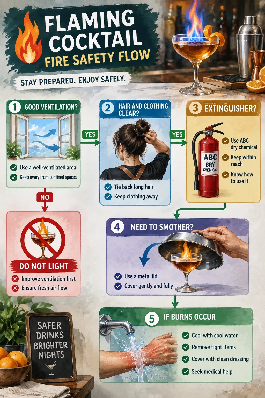 Flaming cocktail fire safety decision flow: ventilation, clearance, extinguisher choice, lid smothering, burn first aid.