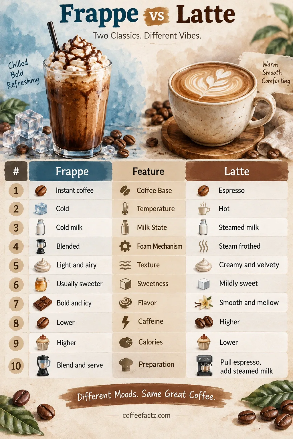 Frappe vs Latte: 10 Real Differences Between These Two Coffee Drinks 9 Infographic comparing frappe vs latte on base, temp, milk, foam, texture, sweetness, flavor, caffeine, calories, prep.