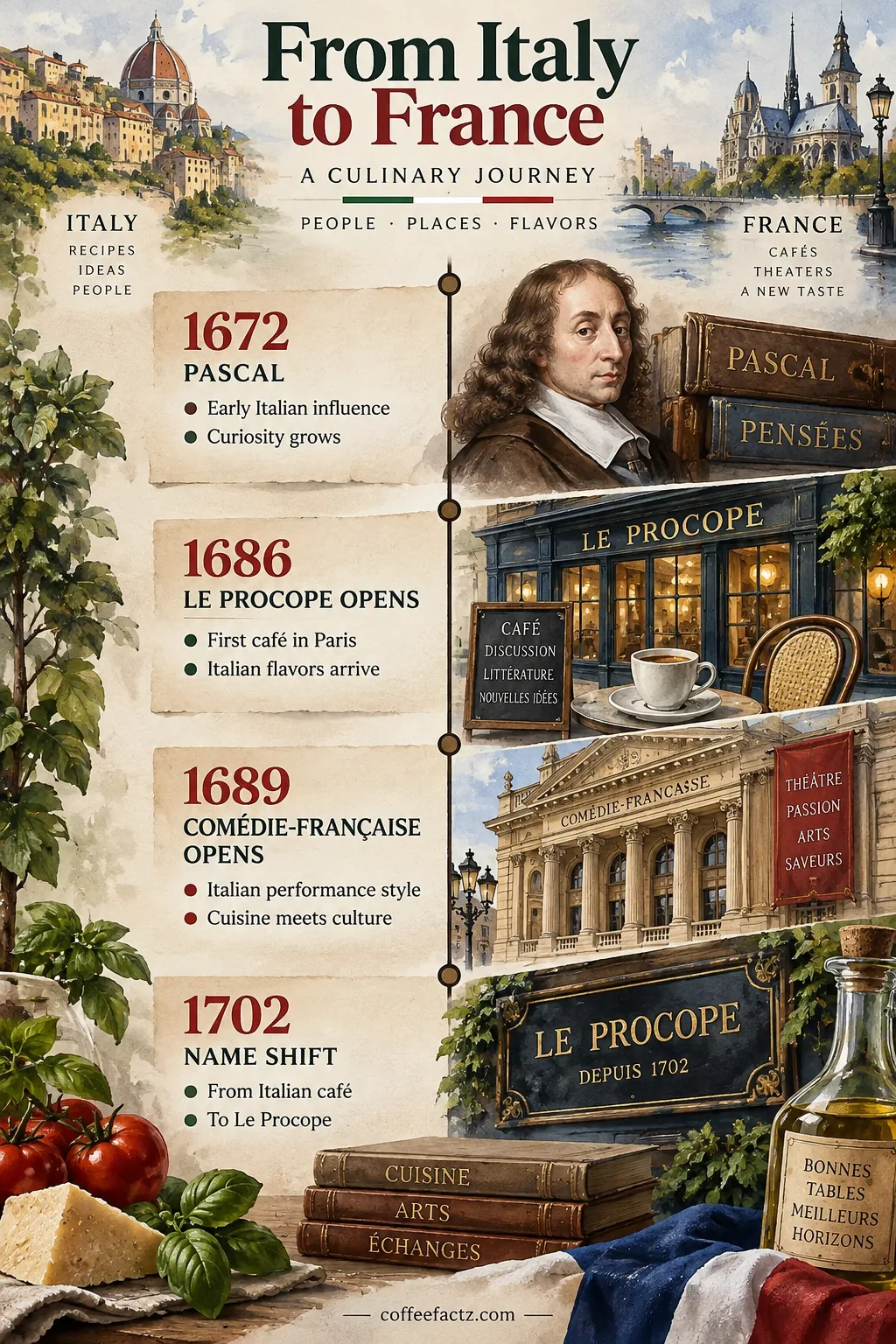 Timeline of 1672 Pascal, 1686 Le Procope, 1689 Comédie-Française, and 1702 name shift in French-Italian culinary transfer.