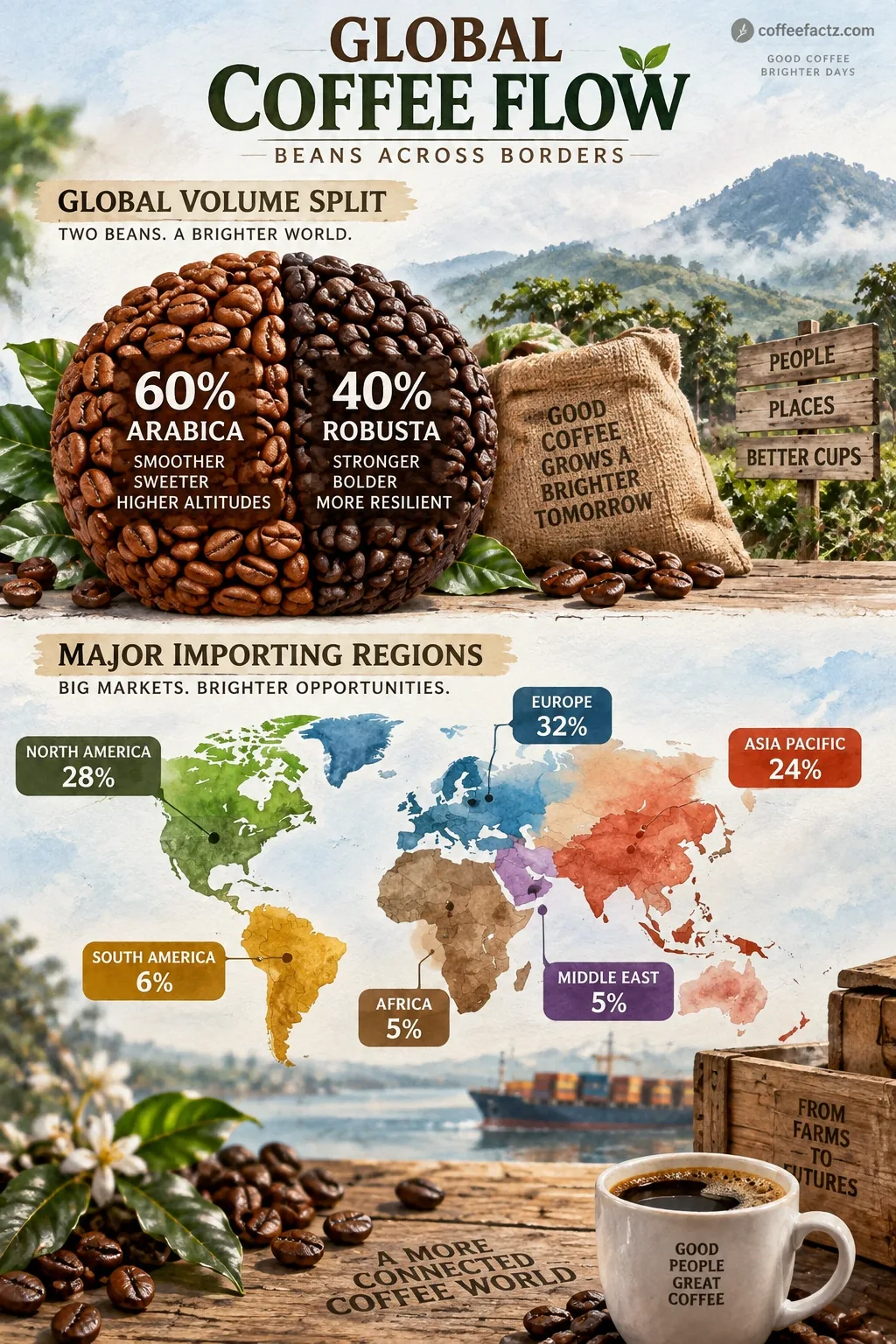 Infographic: global coffee volume split by Arabica vs Robusta, with map of major importing regions and demand.