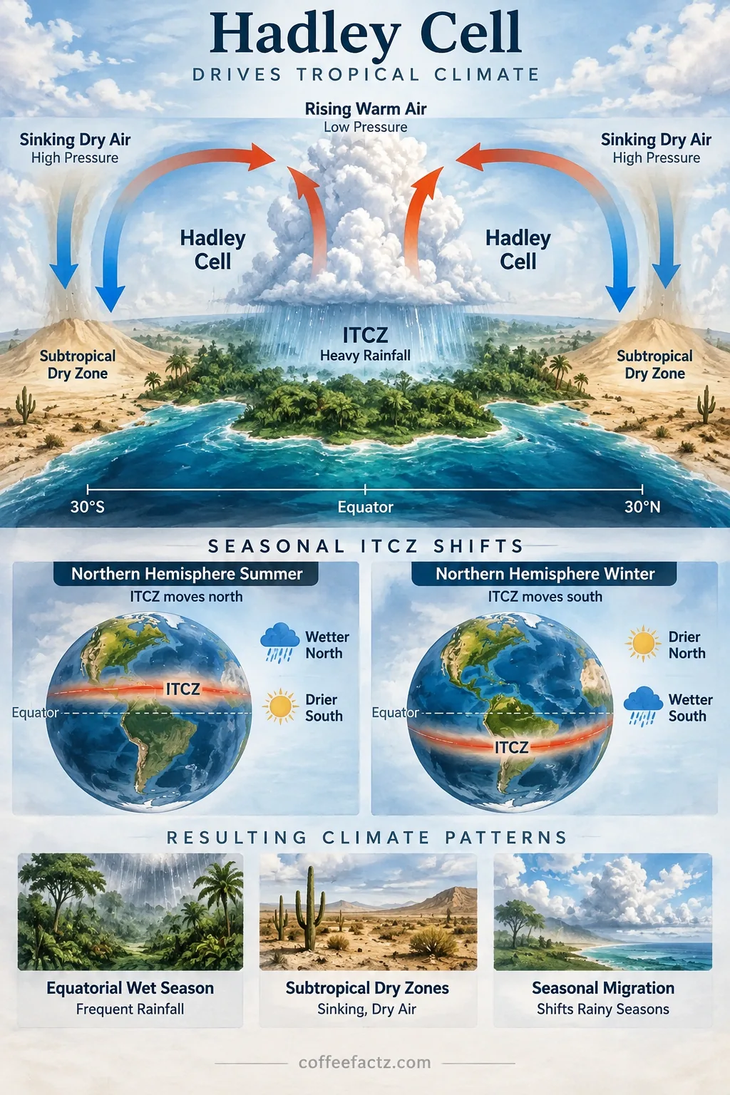 Infographic of Hadley cell circulation and seasonal ITCZ shifts, showing equatorial wet and subtropical dry zones.