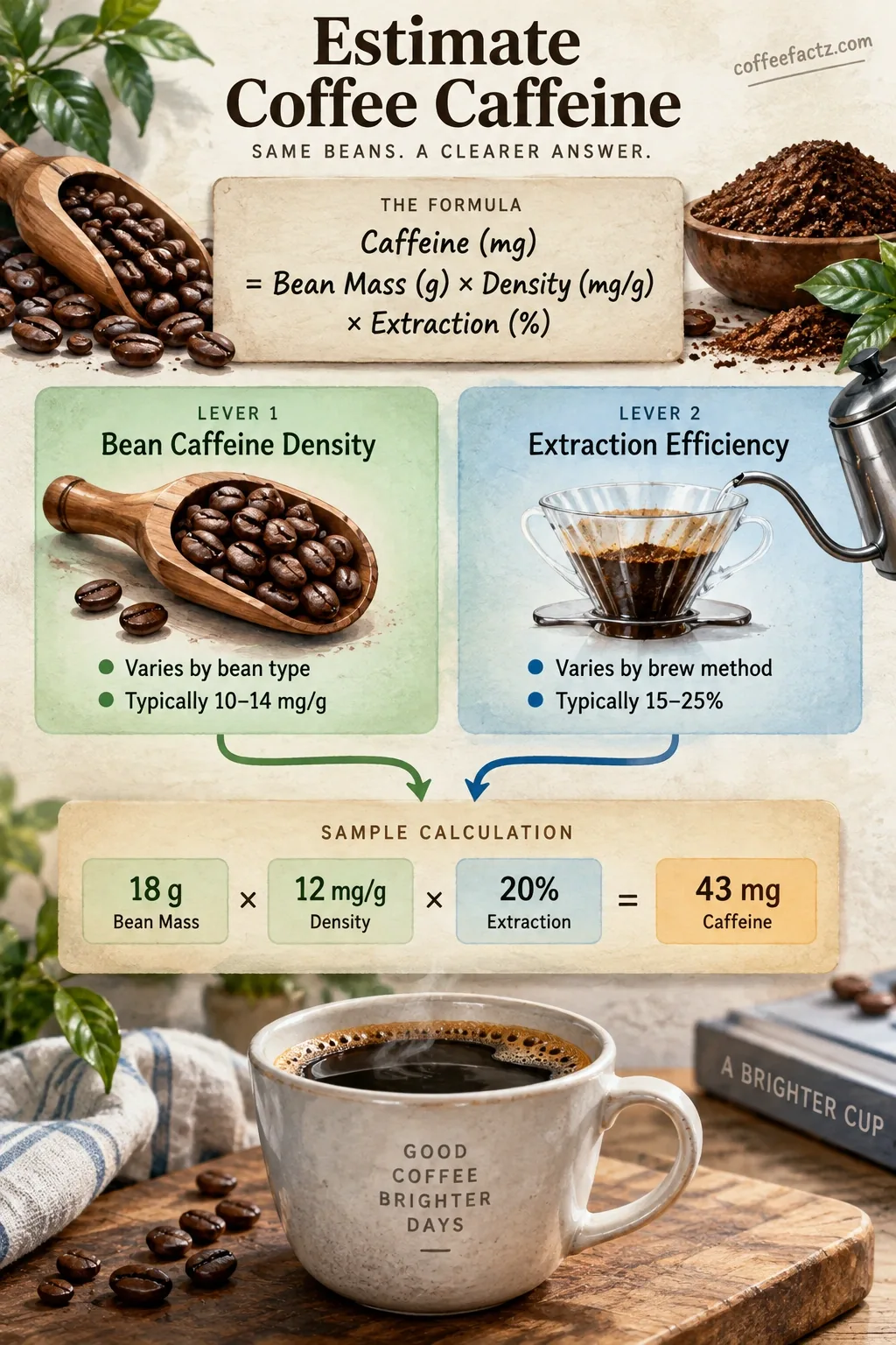 K-Cup caffeine estimation infographic: formula, bean caffeine density & extraction efficiency levers, sample calculation.