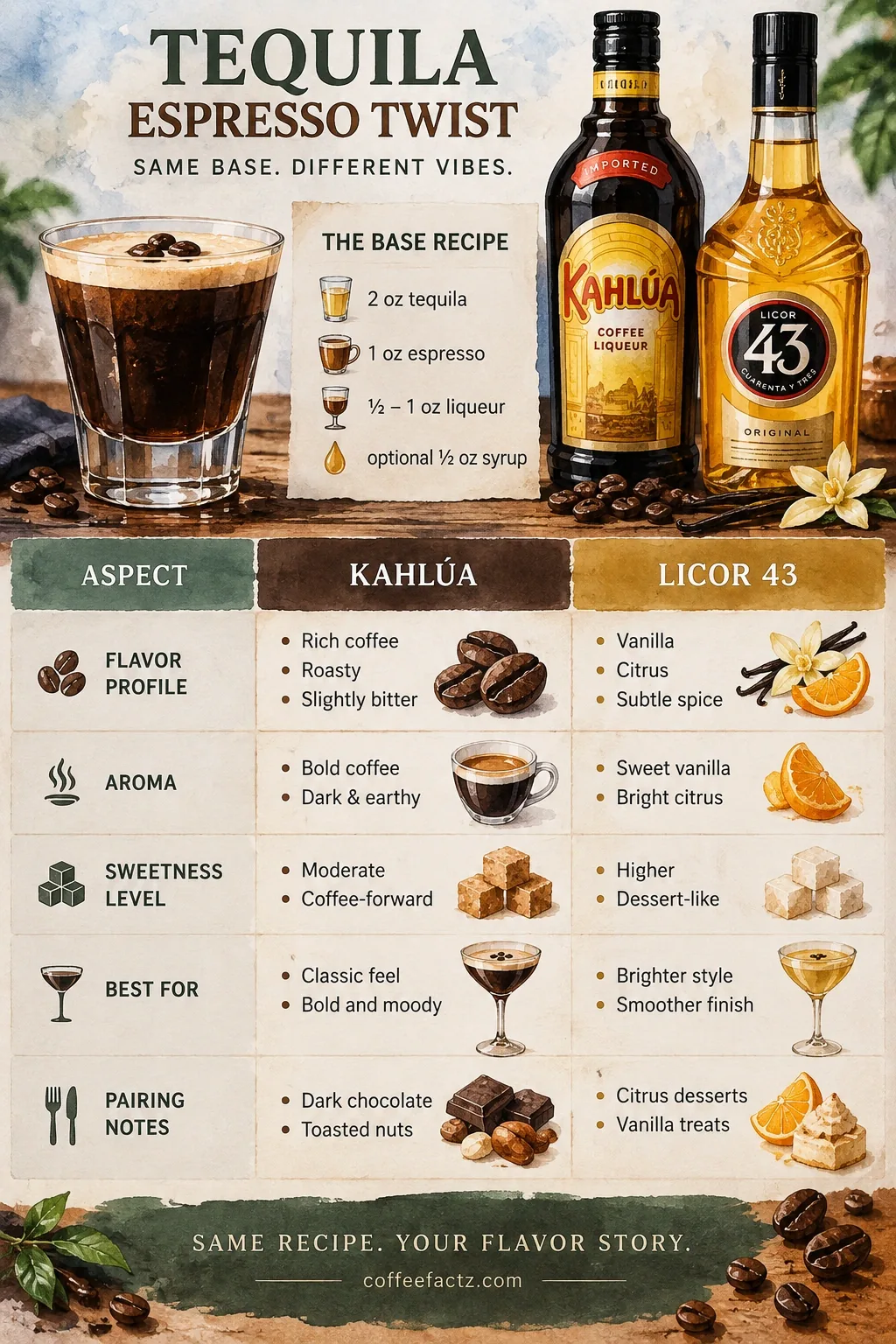Comparison chart: Kahlúa vs Licor 43 flavor notes against 2 oz tequila, 1 oz espresso, ½–1 oz liqueur, optional ½ oz syrup.