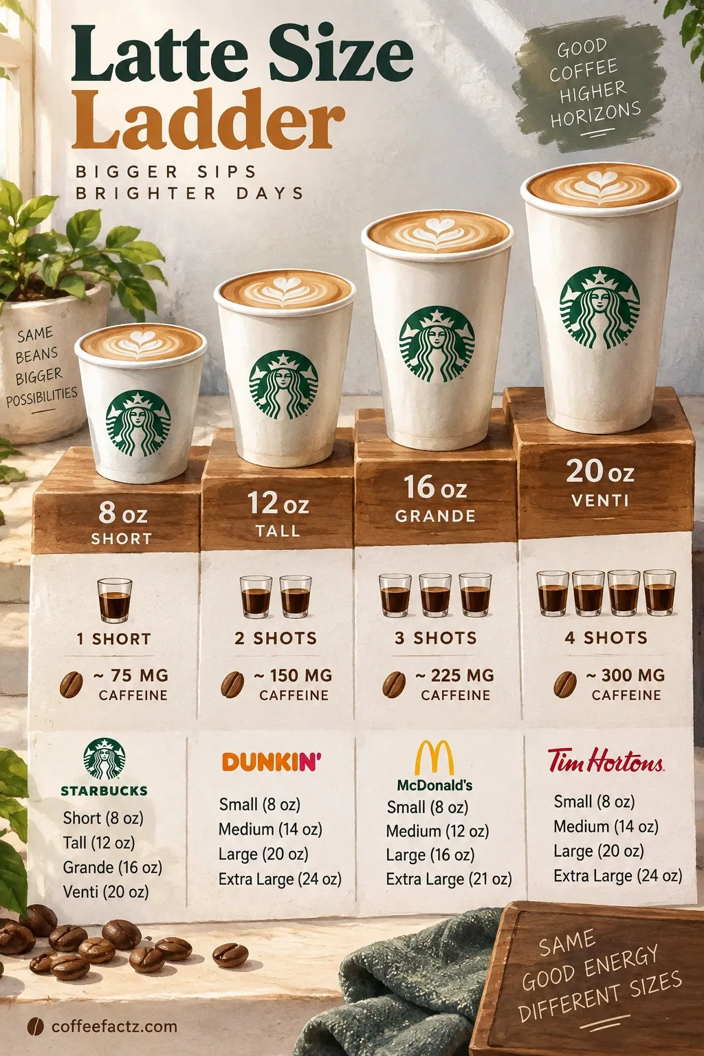 Latte size ladder infographic mapping 8, 12, 16, and 20 oz cups to typical espresso shot counts and caffeine totals by chain.