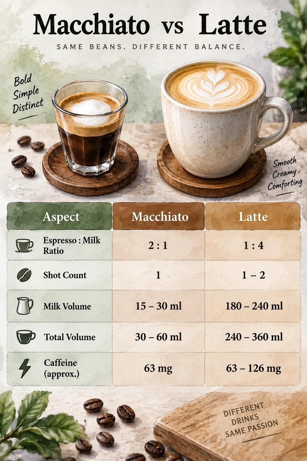 Comparison table: macchiato vs latte espresso-milk ratio, shots, milk volume, total volume, caffeine.