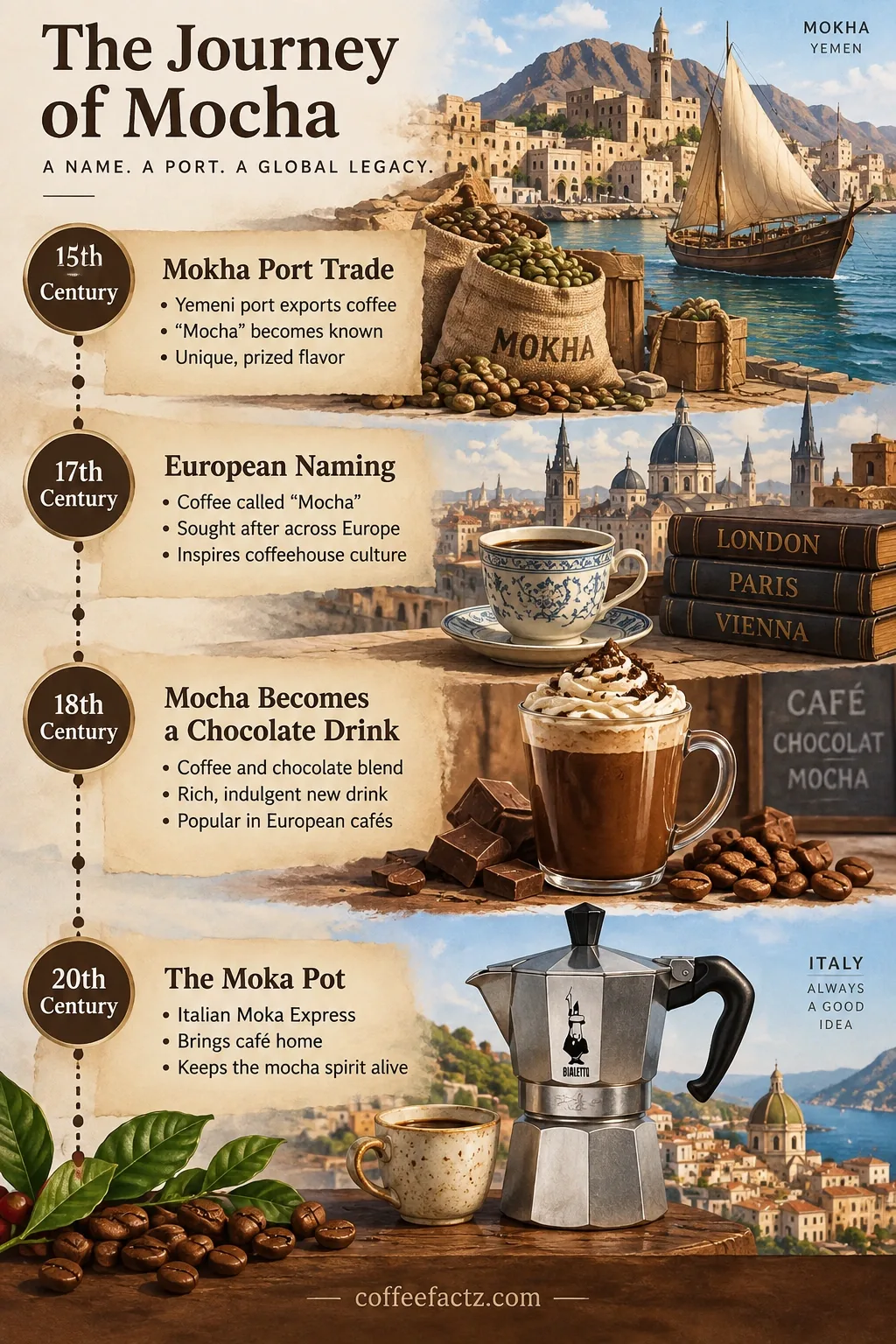 Timeline of mocha: Yemeni Mokha port coffee trade, European naming, chocolate drink evolution, Italian moka pot.