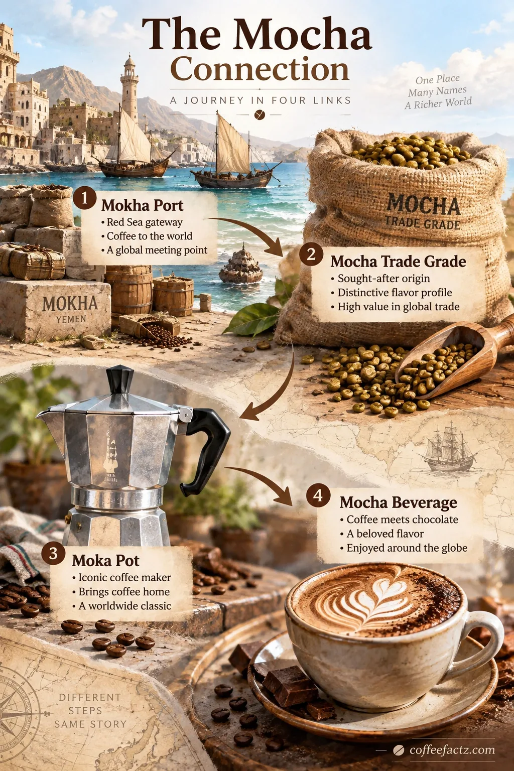 Semantic map linking Mokha port, Mocha trade grade, Moka pot, and mocha beverage as one historical coffee lineage.