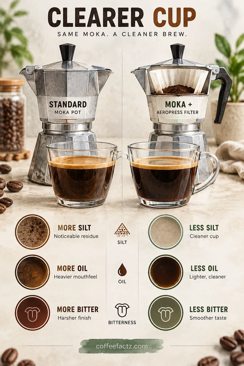 Side-by-side infographic comparing cup clarity, silt, oil, and bitterness in moka pot vs AeroPress paper filter brews.