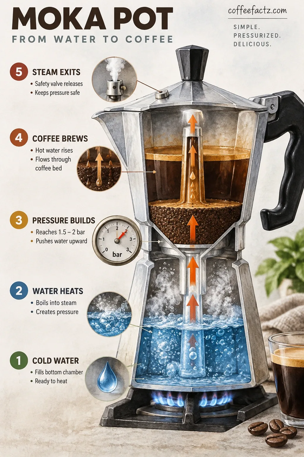 Cutaway Moka pot infographic showing water heating to steam, 1.5–2 bar pressure, and flow up through coffee bed and safety valve.