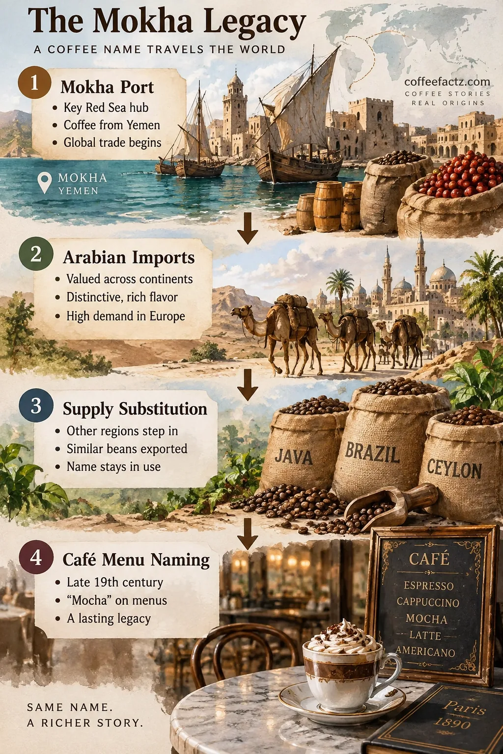 Process flow from Mokha port provenance to Arabian imports, supply substitution, and late 19th-century cafe menu naming.