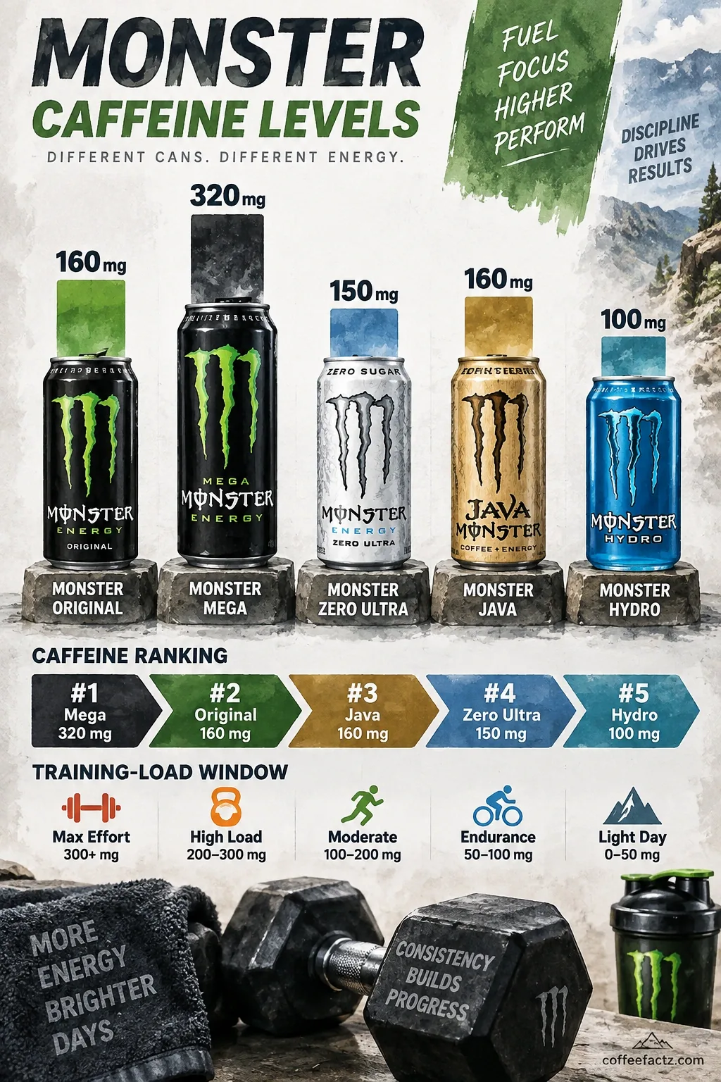Comparative bar chart of Monster Energy Original, Mega, Zero Ultra, Java, and Hydro caffeine levels by training-load windows.