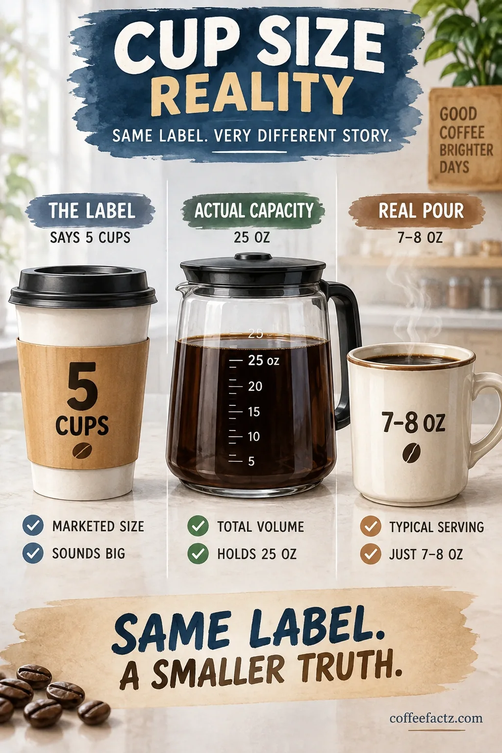 The 9 Best Small Coffee Makers: Compact Picks That Actually Fit Your Counter and Your Cup 23 Comparison chart showing '5-cup' labels versus measured 25 oz capacity and actual 7–8 oz coffee pours.