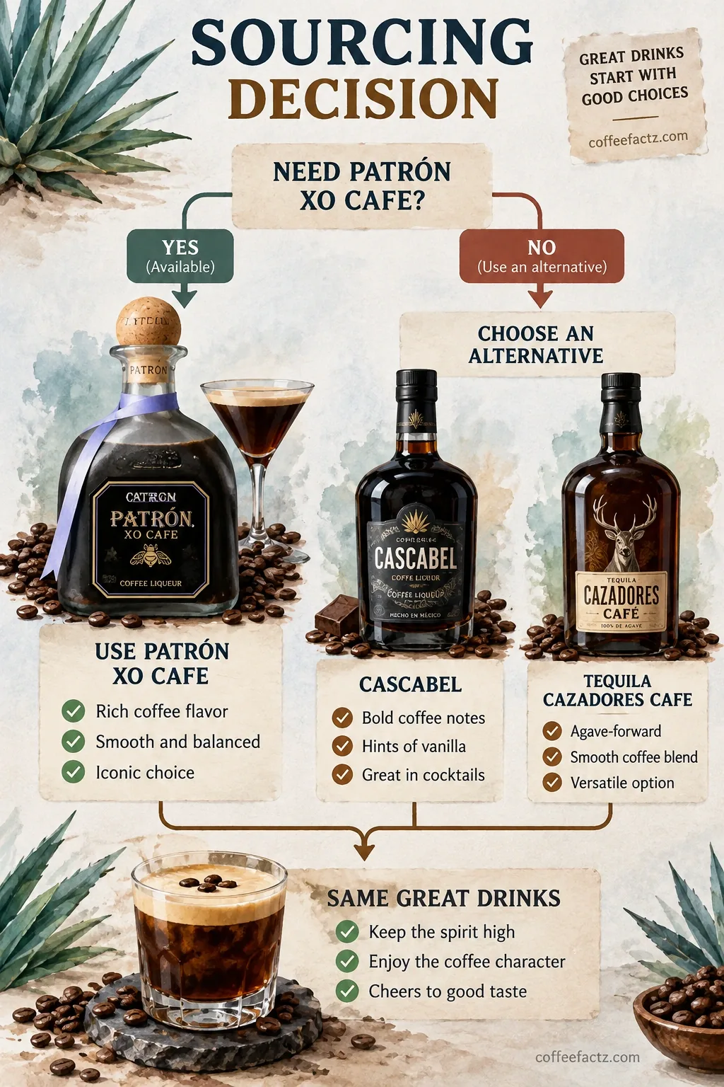 Sourcing decision flow comparing 100% agave reposado, añejo, Cascabel, and Cazadores Cafe when Patrón XO Cafe is unavailable.