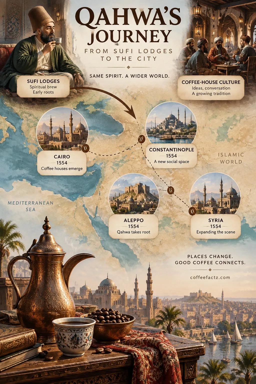 Timeline map of Qahwa spreading from Sufi lodges to Islamic coffee houses, 1554 in Cairo, Constantinople, Aleppo, Syria.