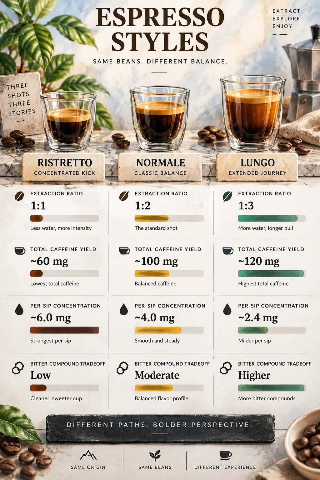Infographic comparing ristretto, normale, and lungo extraction ratios, caffeine yield, per-sip concentration, and bitterness.