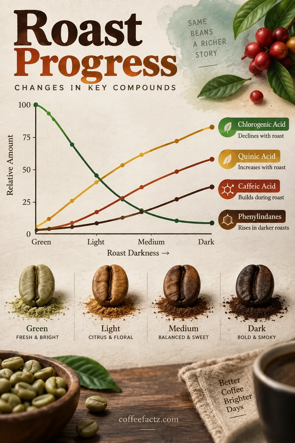 Infographic: chlorogenic acid decline vs rise of quinic, caffeic acids, phenylindanes as roast darkens.
