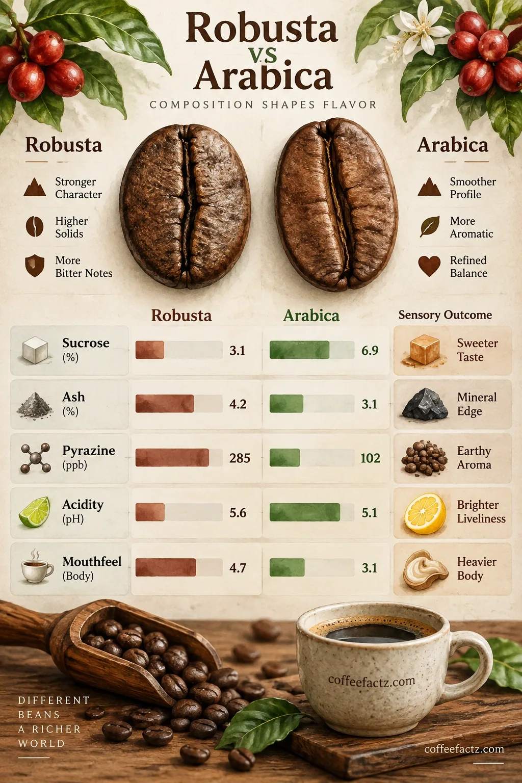 Robusta Coffee: The Botanical, Chemical, and Fine Robusta Revolution You Need to Understand 9 Multi-axis infographic comparing Robusta and Arabica across sucrose, ash, pyrazine, acidity, and mouthfeel.
